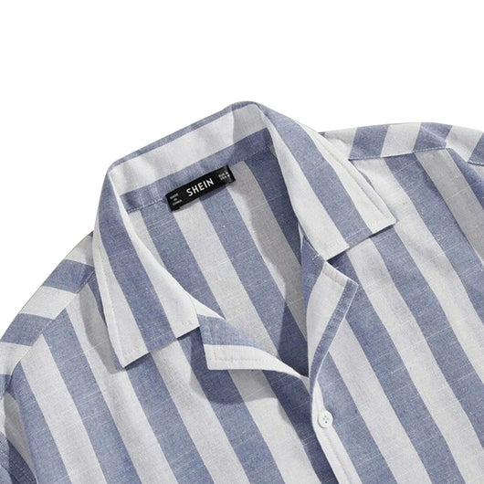 Camisa de Rayas Algodón y Lino con Cuello Solapa y Mangas Cortas - Image 8
