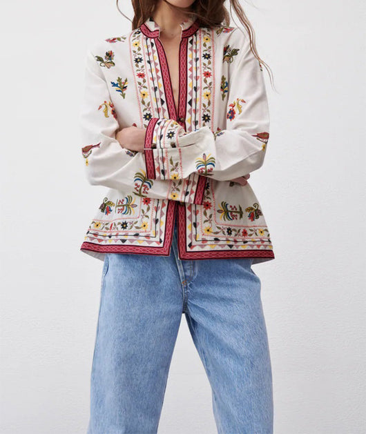 Camisa Étnica Casual con Cuello Mao y Bordado Artesanal - Image 4