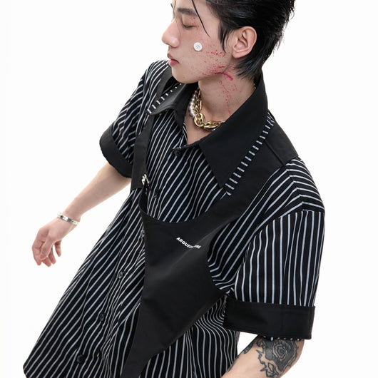 Camisa Rayada Blanco y Negro con Cuello Doble y Efecto Dos Piezas - Image 4