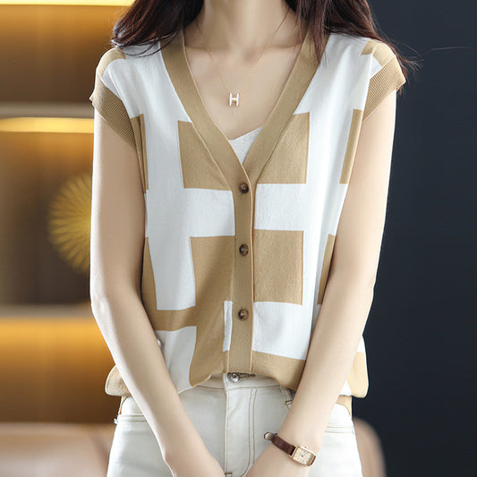 Cardigan Tejido para Mujer Cuello V Contraste de Colores