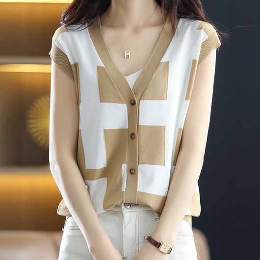 Cardigan Tejido para Mujer Cuello V Contraste de Colores