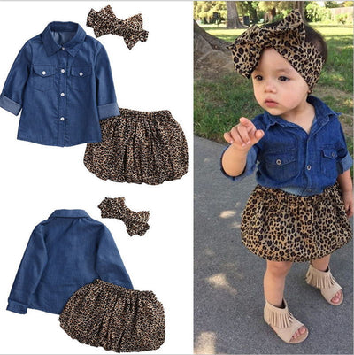 Conjunto de 3 Piezas Infantil Otoño: Blusa Denim, Falda Leopardo y Diadema - Image 19