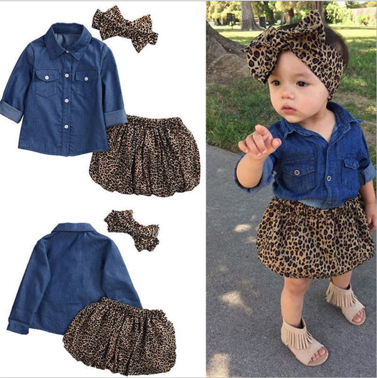 Conjunto de 3 Piezas Infantil Otoño: Blusa Denim, Falda Leopardo y Diadema - Image 19