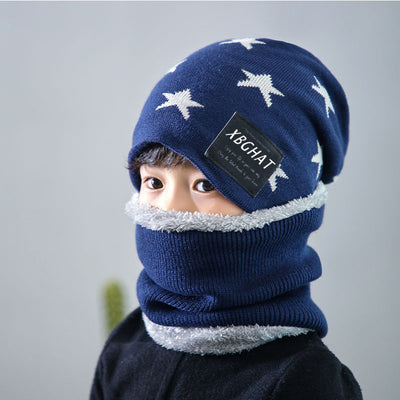 Brown knitted beanie with white five-pointed stars and a matching fleece-lined neck warmer on a man. - Image 18