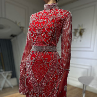 Vestido Largo de Noche Rojo con Cuello Alto y Falda Sirena - Image 4