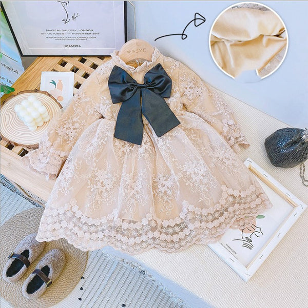 Vestido Infantil Elegante con Lazo de Encaje y Terciopelo de Manga Larga