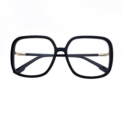 Black oversized square anti-blue light glasses with clear resin lenses and gold metal frame details, held by a hand. - Image 6