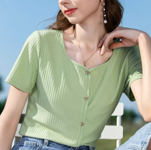 Remera Tejida Cuello V Manga Corta - Image 2