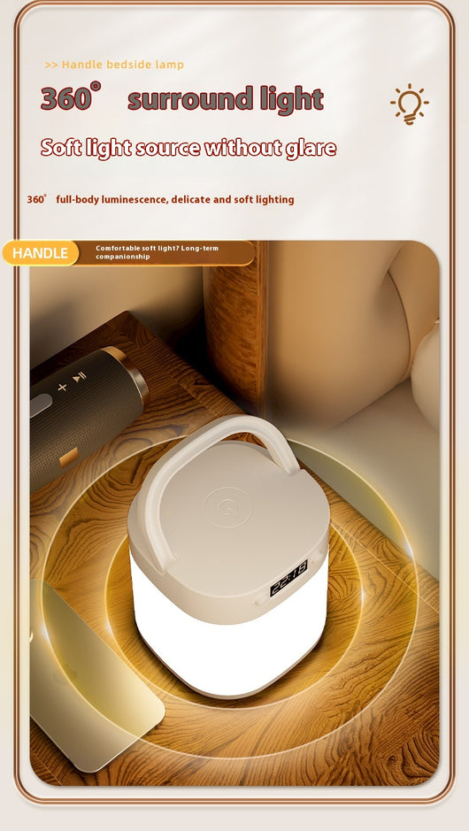 White rechargeable LED table lamp with a digital clock display and a light gray carrying handle. - Image 25