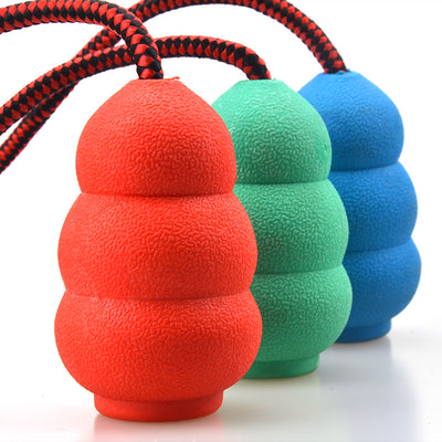 Three pet toys with red and black braided ropes and textured rubber chew ends in blue, green, and red. - Image 3