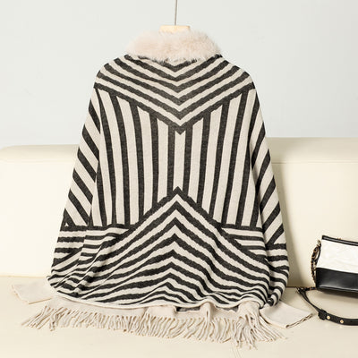 Poncho Tejido de Rayas Otoño Invierno con Flecos Elegante - Image 15
