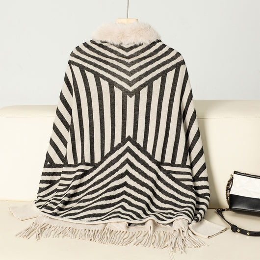 Poncho Tejido de Rayas Otoño Invierno con Flecos Elegante - Image 15