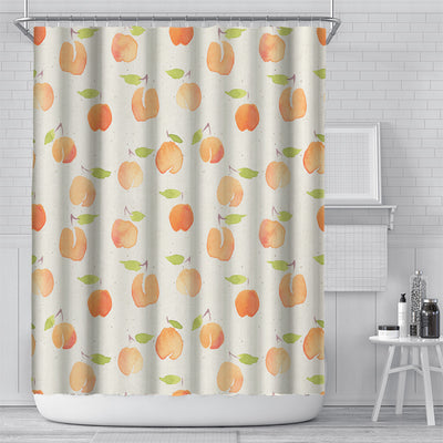 Shower curtain with a vibrant digital print of orange berries and green leaves on a light blue background, in a modern bathroom. - Image 4