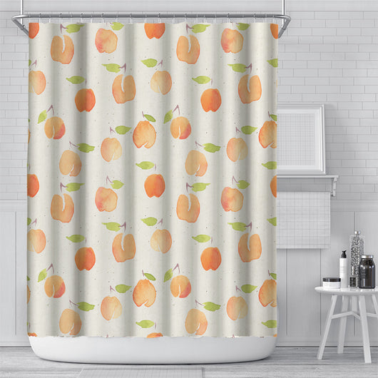 Shower curtain with a vibrant digital print of orange berries and green leaves on a light blue background, in a modern bathroom. - Image 4