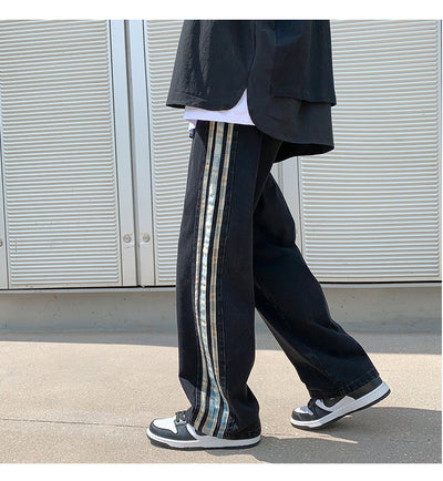 Jeans Deportivos Anchos para Hombre con Costuras de Rayas de Color - Image 4