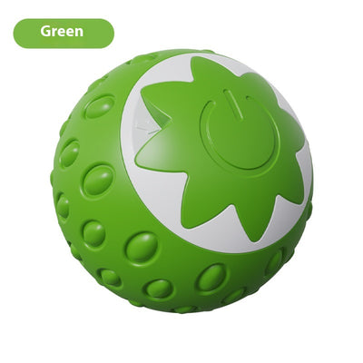 Green electric pet toy ball with a textured surface and a white strawberry-like design featuring a power button. - Image 6