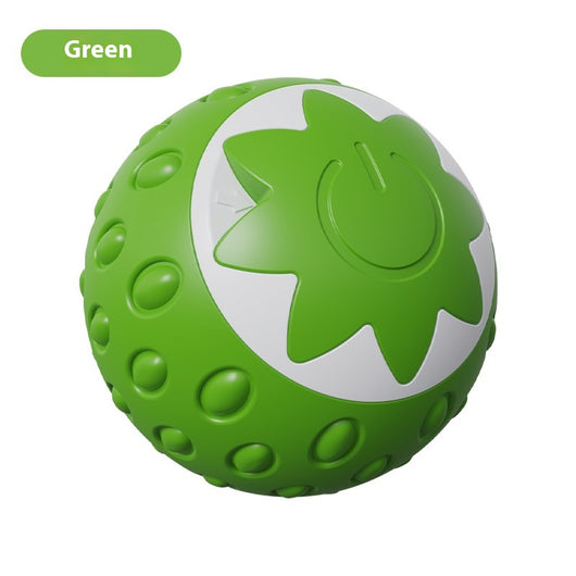 Green electric pet toy ball with a textured surface and a white strawberry-like design featuring a power button. - Image 6