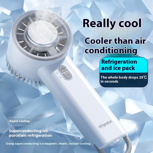 Obsidian black handheld fan with gold accents, digital display, and semiconductor ice cooling for high-speed cool air.
