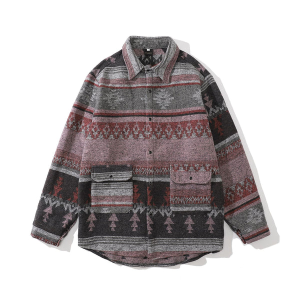 Camisa Étnica Suelta de Lana con Contraste de Colores para Hombre