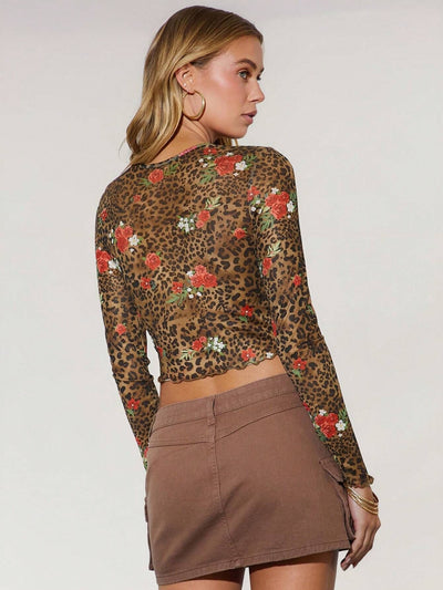 Blusa Estampado Leopardo y Flores Malla Cuello Redondo Manga Larga - Image 12