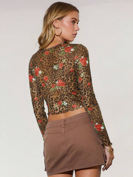 Blusa Estampado Leopardo y Flores Malla Cuello Redondo Manga Larga - Image 12