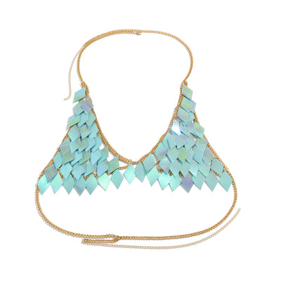 Woman wearing a gold-tone body chain top with iridescent pink and orange diamond-shaped sequins, perfect for beach or festival. - Image 16