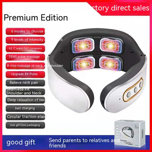 White and gray U-shaped neck massager with six silver electrode pads and control buttons on one arm. - Image 11