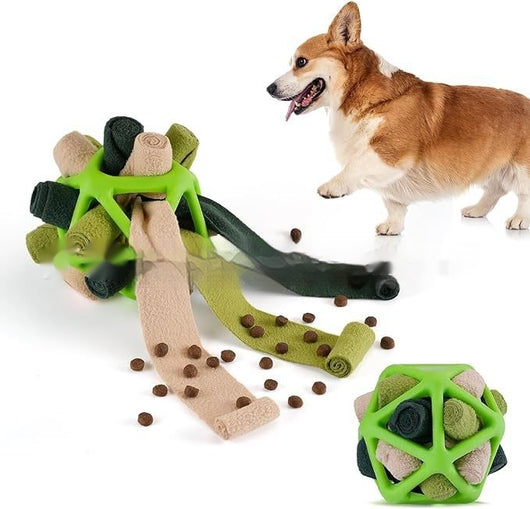 Colorful pet sniffing ball interactive toy with rolled fabric strips, shown with a corgi and scattered kibble. - Image 9