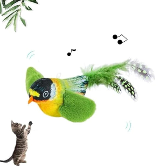 Colorful bird cat toy with green fluffy wings, black head, yellow face, orange beak, and spotted tail feathers.