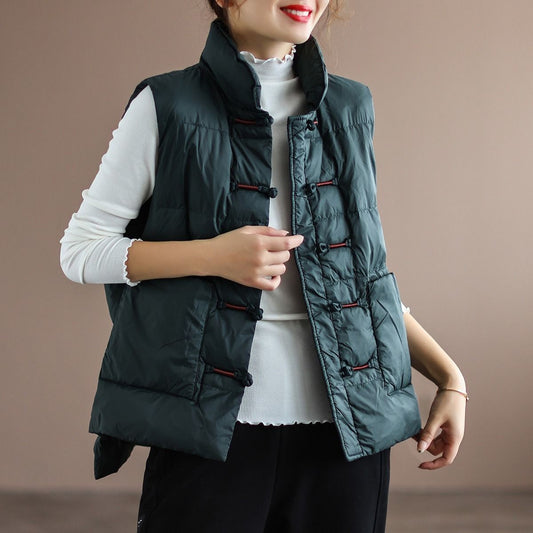 Chaleco Acolchado de Plumas de Pato Blanco Estilo Étnico para Mujer