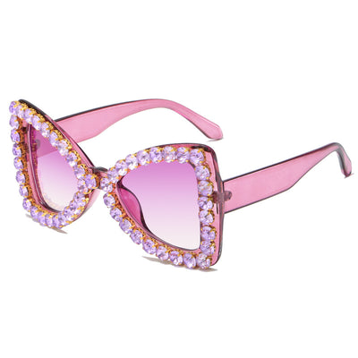 Pink butterfly frame sunglasses with purple gradient lenses and sparkling purple rhinestone embellishments. - Image 9