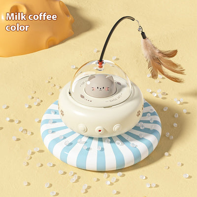Pink electric UFO cat teaser toy with a clear dome, a cute pink cat head, and a feather wand with a bell. - Image 7