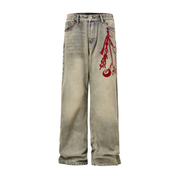 Pantalones Holgados con Bordado Vintage y Cierre