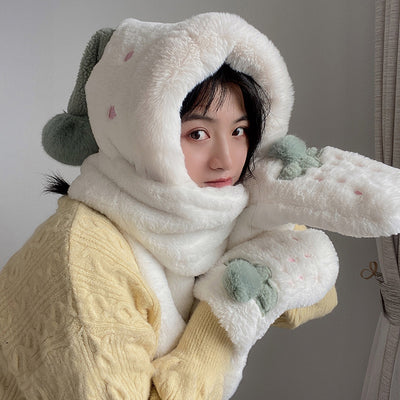 Conjunto Invierno Lujo: Gorro, Bufanda y Guantes de Terciopelo con Pelaje de Conejo - Image 4