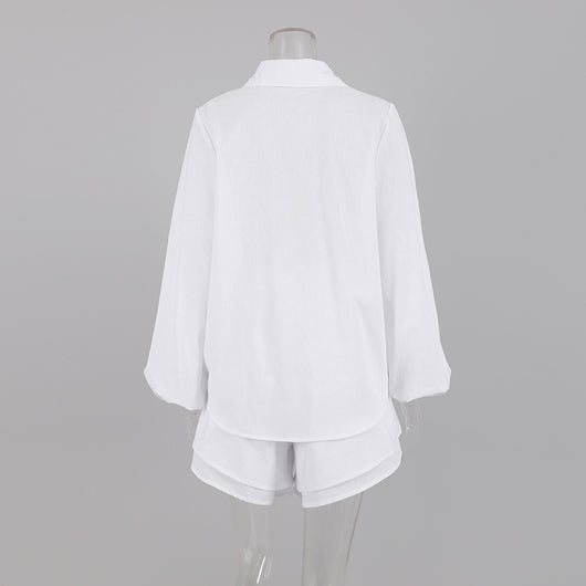 Pijama Dos Piezas de Algodón y Lino con Shorts y Manga Larga - Image 17