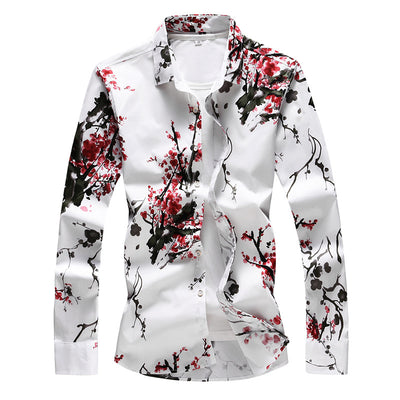 Camisa de Satén Floral Manga Larga Ajustada Talla Grande para Hombre