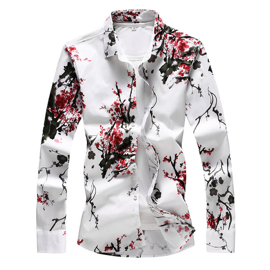 Camisa de Satén Floral Manga Larga Ajustada Talla Grande para Hombre