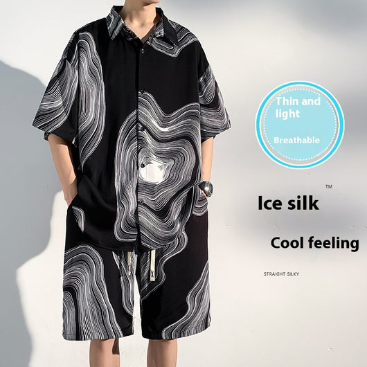 Conjunto de Playa para Hombre - Camisa Estampada y Pantalones Cortos Seda de Hielo Verano - Image 3