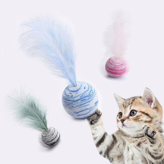 Light blue feather cat toy with a black and white marbled foam ball base on a white background. - Image 6