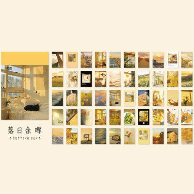 Set of 50 retro style decorative stickers featuring various purple and pink themed landscapes, skies, and abstract designs. - Image 9
