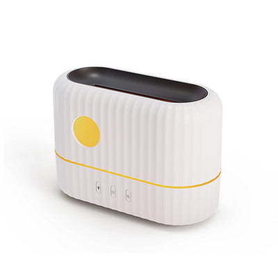 Dark gray simulated flame aromatherapy machine with a remote control, emitting a warm, flame-like light and mist. - Image 3