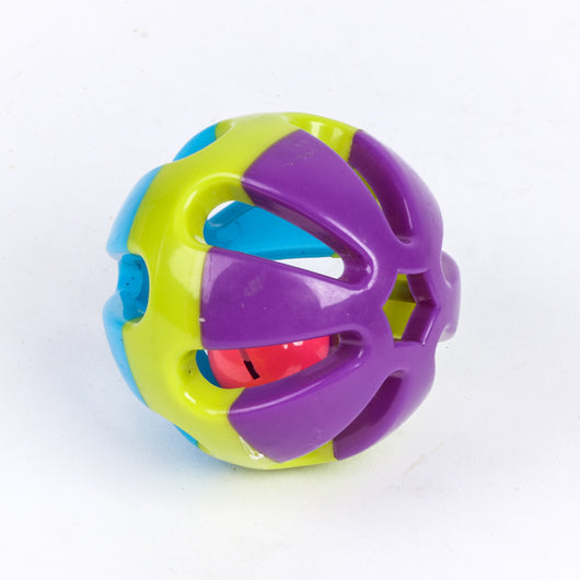 Colorful hollow plastic cat toy ball with purple, lime green, and blue sections, featuring a red bell inside. - Image 5
