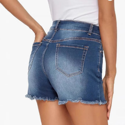 Shorts Denim Talle Alto Ajustado con Flecos - Versátil para Mujer - Image 4