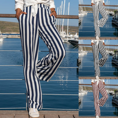Pantalones de Lino y Algodón a Rayas para Mujer - Blanco Roto Casual - Image 9