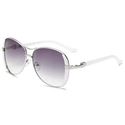 Women's large frame fashionable sunglasses with gradient gray lenses, silver-tone metal frames, and white arms. - Image 5