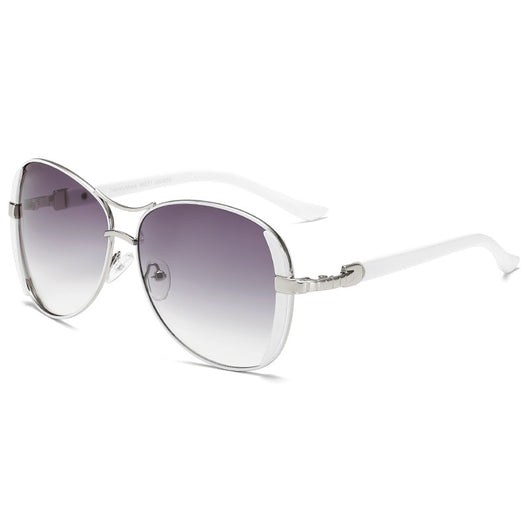 Women's large frame fashionable sunglasses with gradient gray lenses, silver-tone metal frames, and white arms. - Image 5