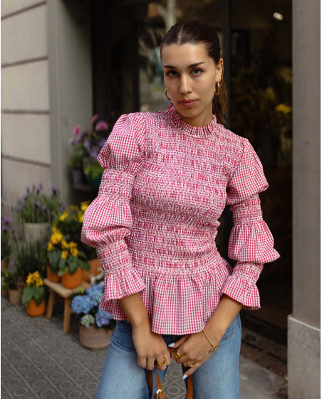 Blusa Ajustada con Pliegues y Estampado Cuadros para Mujer - Image 23
