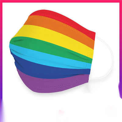 Five disposable face masks fanned out, each featuring a vibrant rainbow stripe pattern with white ear loops. - Image 2