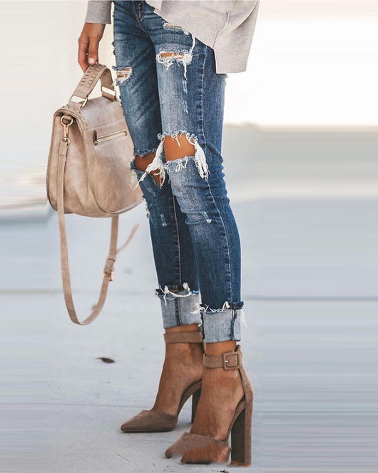 Jeans Talle Alto Ajustados con Roturas y Efecto Reductor - Image 4