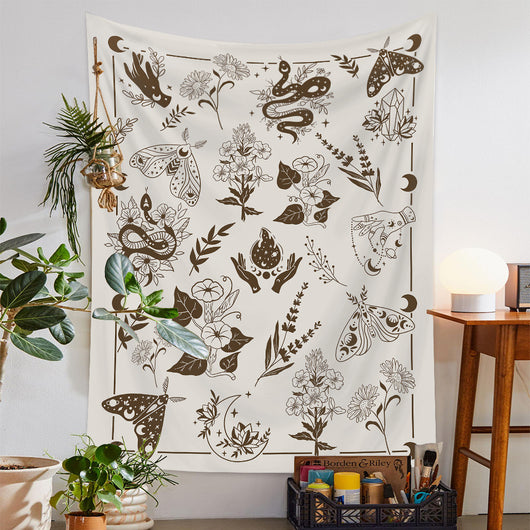 European retro mushroom tapestry with a starry night sky, crescent moon, butterflies, and various colorful fungi and plants. - Image 2